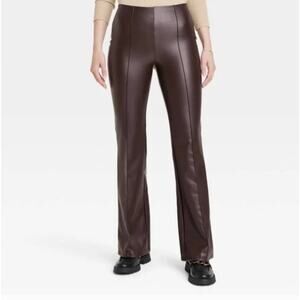 A New Day Faux Leather Flare Pants Rich Brown Vegan, Stretch Waist, Size M